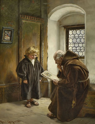 Mönch mit Schüler an der Fensternische.