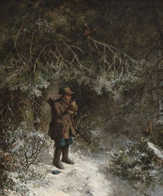 Pfeife rauchender Jäger im Winterwald.