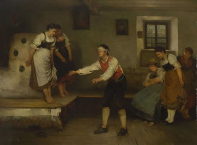 Blinde Kuh - Dorfjugend beim Spiel in der Stube. by Mathias Schmid - Auction record, sale price, and art valuation. Compare with similar artists and explore comparable artworks.