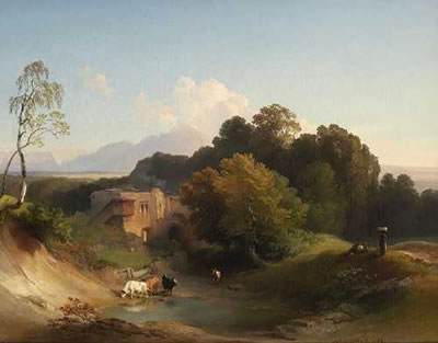 Foothills with its castle ruins and livestock by the pool in front by Johann Fischbach - Auction record, sale price, and art valuation. Compare with similar artists and explore comparable artworks.