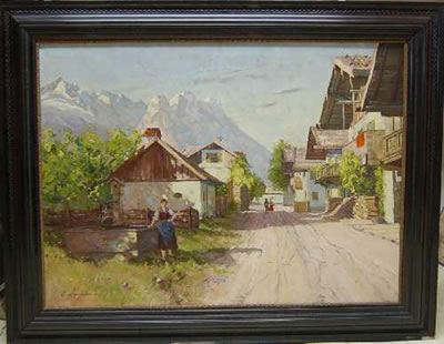 Blick durch Partenkirchen mit Blick auf die Alp- und Zugspitze