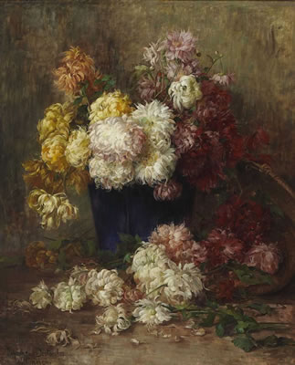 Stillleben mit Chrysanthemen in blauer Vase. by Johanna Destouches - Auction record, sale price, and art valuation. Compare with similar artists and explore comparable artworks.