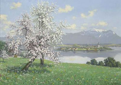 Obstblüte am Chiemsee - Blick auf die Fraueninsel.