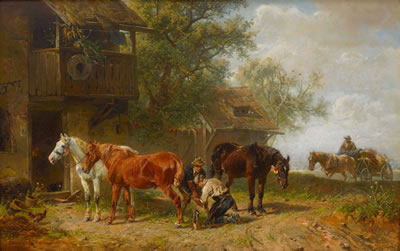 Vor der Schmiede Hufschmied und Bauer beim Beschlagen der Pferde. Im Hintergrund nähert sich ein Bauer mit Pferdefuhrwerk. by Ludwig Hartmann - Auction record, sale price, and art valuation. Compare with similar artists and explore comparable artworks.