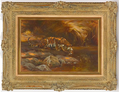 Trinkender Tiger an Wasserstelle by Sergio Budicin - Auction record, sale price, and art valuation. Compare with similar artists and explore comparable artworks.