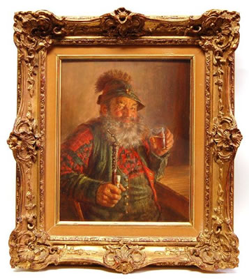 Bärtiger Alter in Tracht mit Pfeife und Glas
