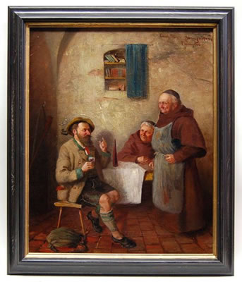 Jäger trinkt Schnaps bei Mönchen