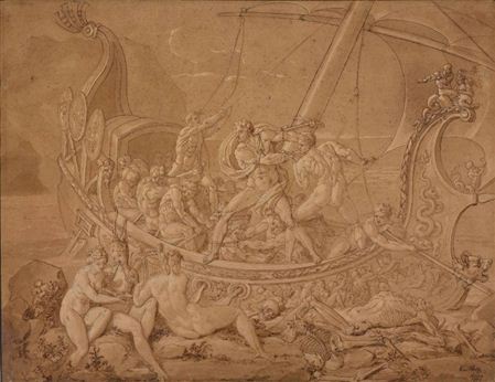 Odysseus mit seinen Gefährten am Ufer der Insel der Sirenen