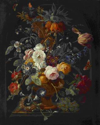 Blumenstillleben mit Vogelnest, Trauben und Schmetterlingen