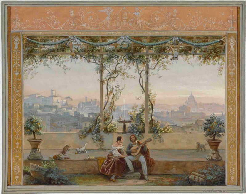 Musizierendes Paar im Garten der Villa Malta in Rom Ausblick auf Quirinal und Petersdom