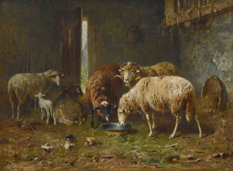 Fünf Schafe mit Lamm und Küken im Stall