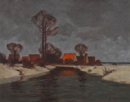 "Nächtliche Winterlandschaft mit Fluss und Dorf"