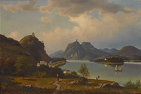Rheinlandschaft mit Blick auf Rolandsbogen und die Insel Nonnenwerth.