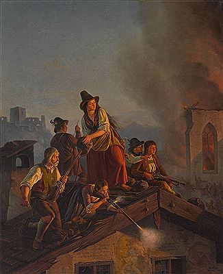 Eine Tiroler Bauernfamilie verteidigt ihr Haus gegen angreifende Soldaten
