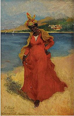Portrait de martiniquaise à la robe rouge et au châle jaune, Anse du Carbet