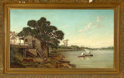 Laundry Day on Lake Ponchartrain Near Mouth of the Tchefuncte River with Steamboat in the Distance