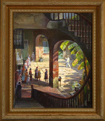 "View of a French Quarter Courtyard Through an Arched Staircase with Figures Gathered for a Street Performer"