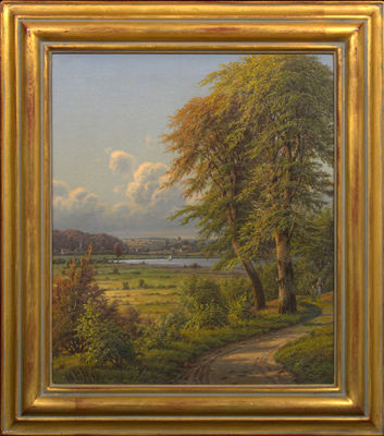 Figures on a Country Path, Lake Visible in the Distance
