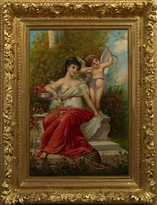 CUPID AND A MAIDEN SEATED IN A CLASSICAL LANDSCAPE