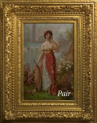 MAIDEN WITH OPEN HARP AND WATERFALL BEYOND; MAIDEN WEARING GARLAND OF FLOWERS ( A PAIR)