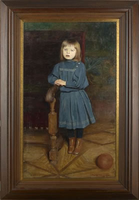 "Full-Length Portrait of a Young Girl in a Blue Dress Leaning Against a Chair"