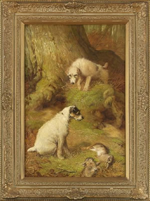 Woodland Interior with Terriers Hunting Hare