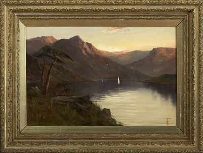 Mountainous Landscape at Sunset with Sailboats on a Lake