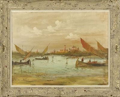 "Coastal Scene with Docked Sailboats"