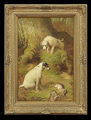 "Woodland Interior with Terriers Hunting Hare"