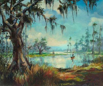 Bayou Scene with Fisherman on Skiff