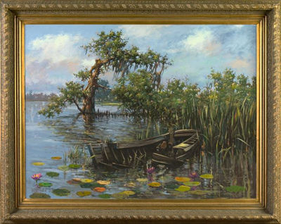 Bayou Landscape with Fishing Boat by Don Wright - Auction record, sale price, and art valuation. Compare with similar artists and explore comparable artworks.