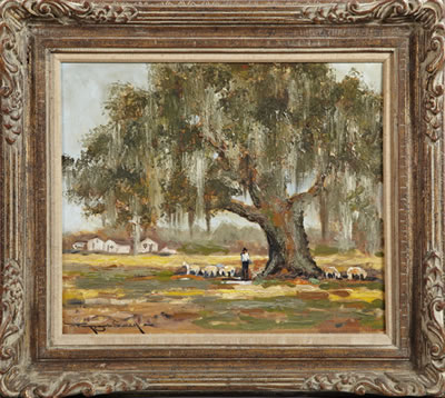 Figure with Cattle Under a Spanish Moss-Draped Oak Tree by Raymond Scully - Auction record, sale price, and art valuation. Compare with similar artists and explore comparable artworks.