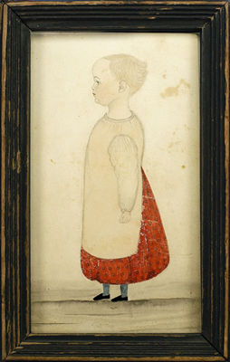 Full-length profile portrait of child in red dress with white smock