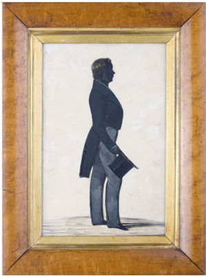 Full-length profile portrait of man in formal attire with top hat