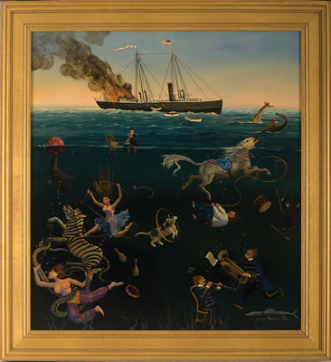 THE BRITISH STEAMER "ROYAL TAR" IN FLAMES, ITS CIRCUS PASSENGERS PERFORMING BENEATH THE DEEP