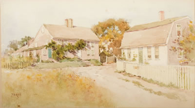 TWO WATERCOLORS: "A CORNER OF NANTUCKET" AND TWO COTTAGES IN THE DUNES by Jane Reid - Auction record, sale price, and art valuation. Compare with similar artists and explore comparable artworks.