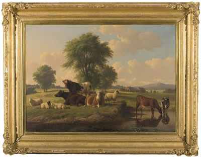 CATTLE AND SHEEP IN A MEADOW WITH STREAM, THE BLUE HILLS IN THE DISTANCE