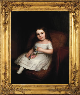 PORTRAIT OF AMANDA FISKE IN A WHITE DRESS AND HOLDING FLOWERS