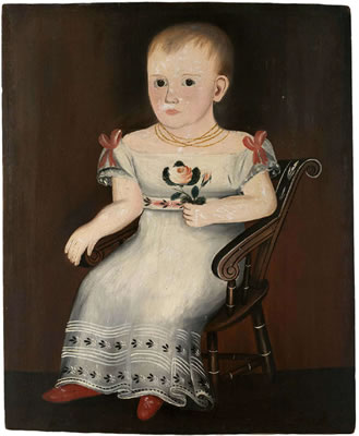PORTRAIT OF A CHILD IN WHITE DRESS HOLDING A ROSE AND SEATED IN A FANCY PAINTED SCROLL-BACK CHAIR, CIRCA 1825.