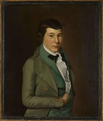 PORTRAIT OF NATHANIEL LAWSON AS A YOUNG MAN IN A GREEN SPRIGGED WAISTCOAT AND RUFFLED SHIRT.