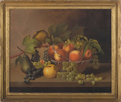 STILL-LIFE ON A MARBLE TOP TABLE WITH OVAL SHEFFIELD WIREWORK BASKET.