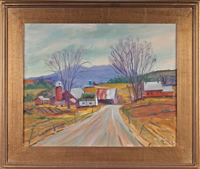 Farm buildings on a country road