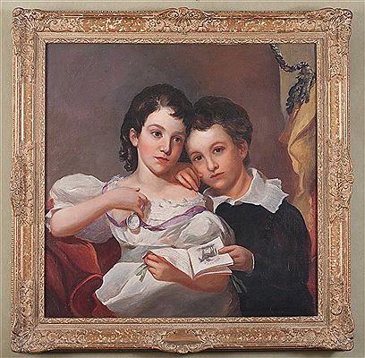 PORTRAIT OF A BROTHER AND SISTER HOLDING A SCHOOL BOOK, SHE WITH RIBBONED MERIT AWARD.