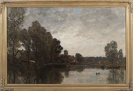 EUROPEAN RIVERSCAPE WITH VILLAGE IN THE DISTANCE.