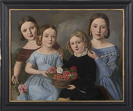 FAMILY PORTRAIT OF FOUR CHILDREN WITH BASKET OF RED AND WHITE ROSES