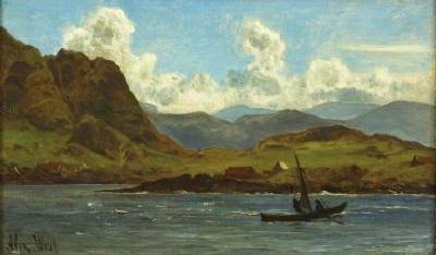 Mountainous Coast with Sailing Dory