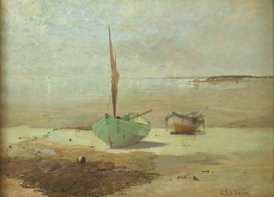 Two Sailboats Beached on a Shore