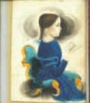 Marcia Treat in blue ruffled dress reading a book