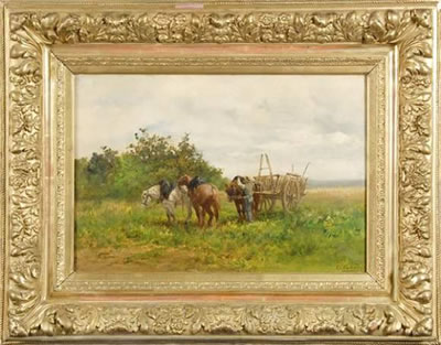 Chevaux tirant une charrette by Léon Georges Calves - Auction record, sale price, and art valuation. Compare with similar artists and explore comparable artworks.