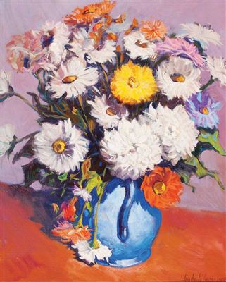 Flores en jarro azul, 1980 by Humberto Leoni - Auction record, sale price, and art valuation. Compare with similar artists and explore comparable artworks.